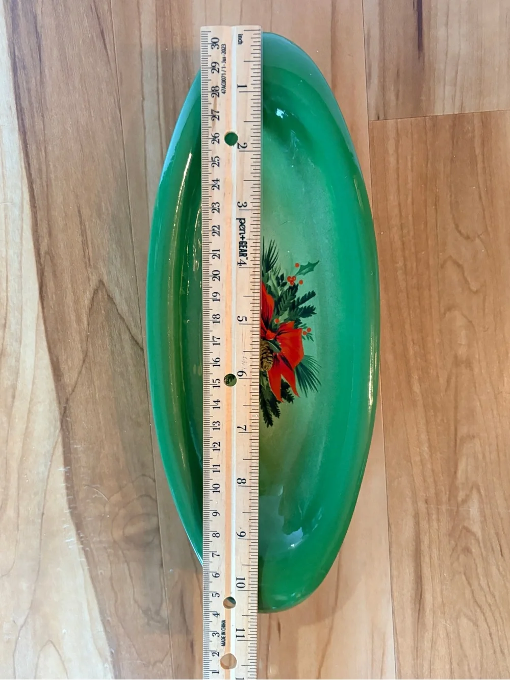 Vintage Green Christmas Serving Tray with Poinsettia Motif